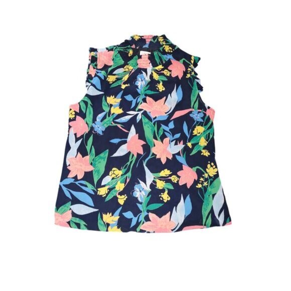 J. Crew Womens Sleeveless Ruffle Neck Top 4 Navy Floral Print Blouse Cottagecore - Picture 8 of 8